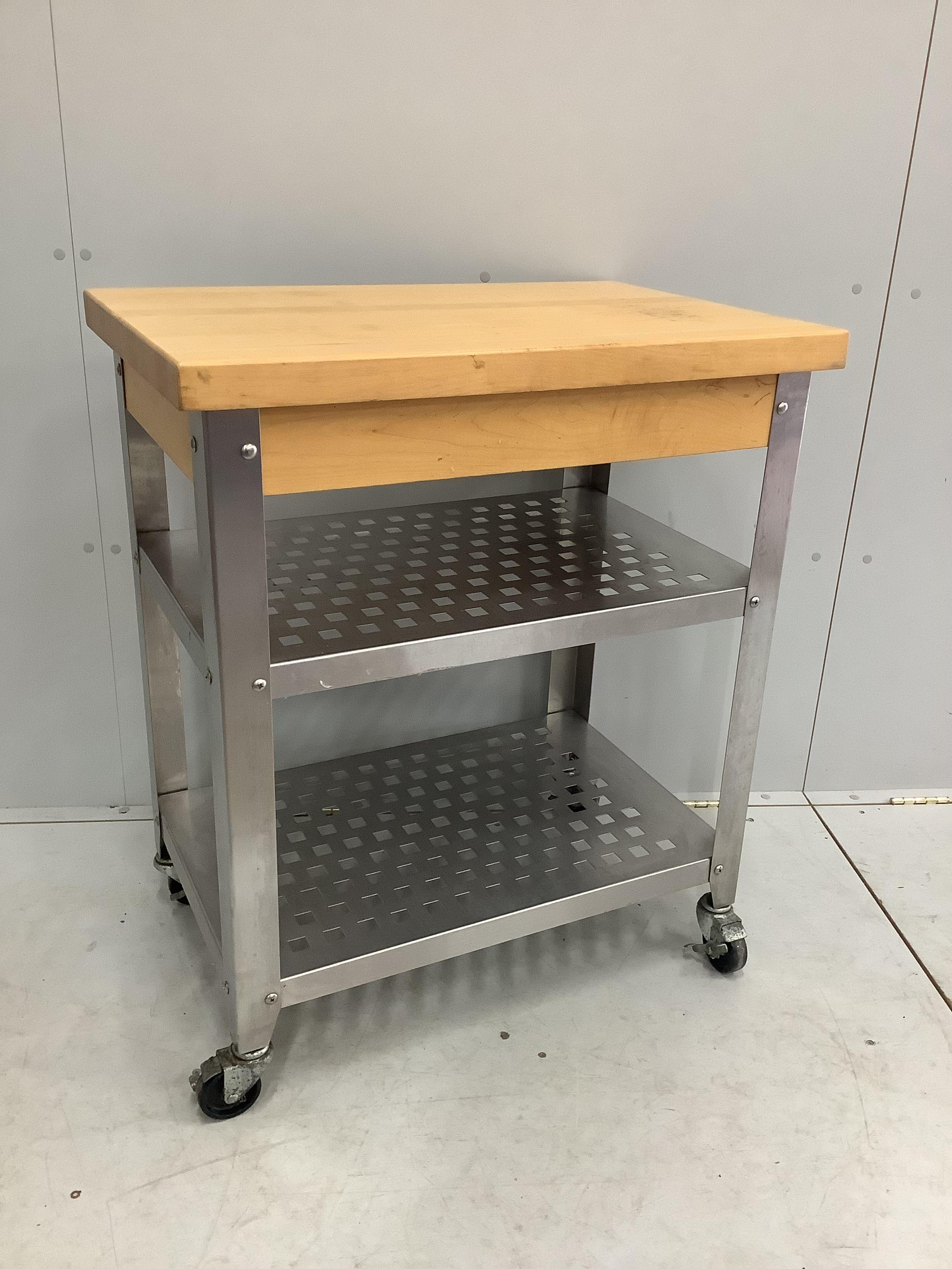 A contemporary beech and steel Cucina three tier kitchen trolley, width 51cm, depth 79cm, height 89cm